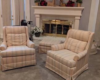 PAIR OF DREXEL SWIVEL ROCKERS with MATCHING OTTOMAN