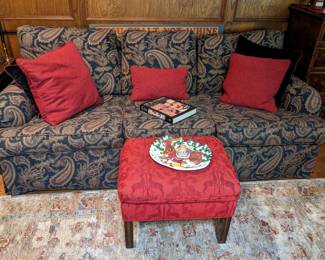 1 of 2 VINTAGE BUILT TO LAST 3-CUSHION SOFA with TIED SPRINGS...RED OTTOMAN