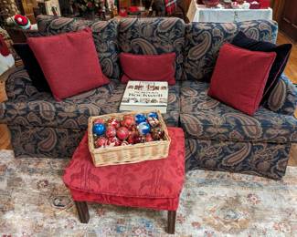 2 of 2 VINTAGE BUILT TO LAST 3-CUSHION SOFA with TIED SPRINGS...RED OTTOMAN