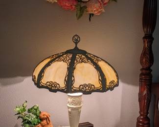 ANTIQUE UMBRELLA LAMP with CURVED SLAG GLASS PANEL SHADE