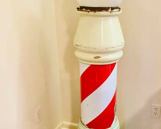 Antique cast iron and enamel barber pole, needs glass globe