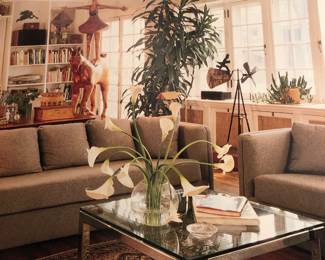 More design inspiration...if you like that coffee table, we have the rectangular version...chrome, thick glass, leather straps and attributed to Milo Baughman..hit us up 210.907.0045