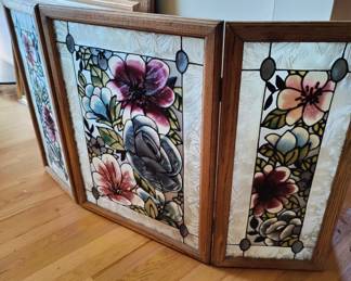 Stained glass fireplace tri-fold screen 