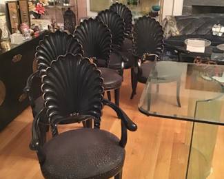Set of Six Black Lacquer Shell Back Armchairs