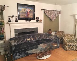 John Stuart Curved Sofa and Pair of Club Chairs