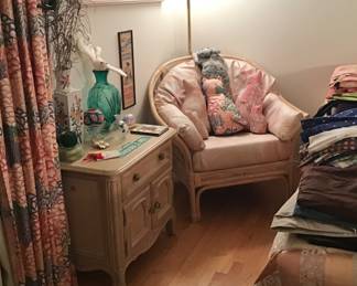 Drexel Nightstand and Wicker Chair Matches Settee