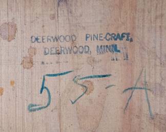 Maker mark detail, Antique rustic pine round kitchen/4 chairs by Deerfield Pinecraft