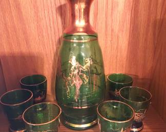 Vintage Czech glass decanter/6 glasses