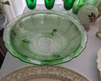 Cherry Blossom green round footed serving bowl
