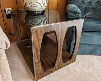 MCM end table with dark smoke glass