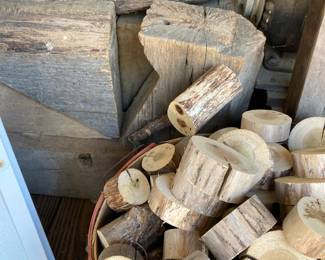 Log cabin pieces and birch disks