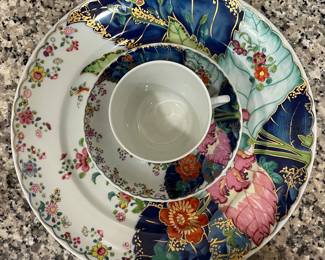 Selection of Tobacco Leaf Pattern by Mottahedeh, including dinner plates, salad plates, bread butter plates, cups, saucers, and a few other decorative pieces