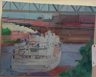Painting on Canvas of a Freighter on the Cuyahoga River, Cleveland Ohio 