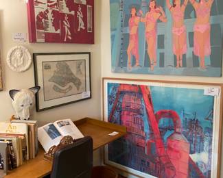 Three Library or Studies in the Home. Each with a Desk, Modern Desk Chair and MORE Art! The mask is by Phyllis Sloan, Map of Italy and more!