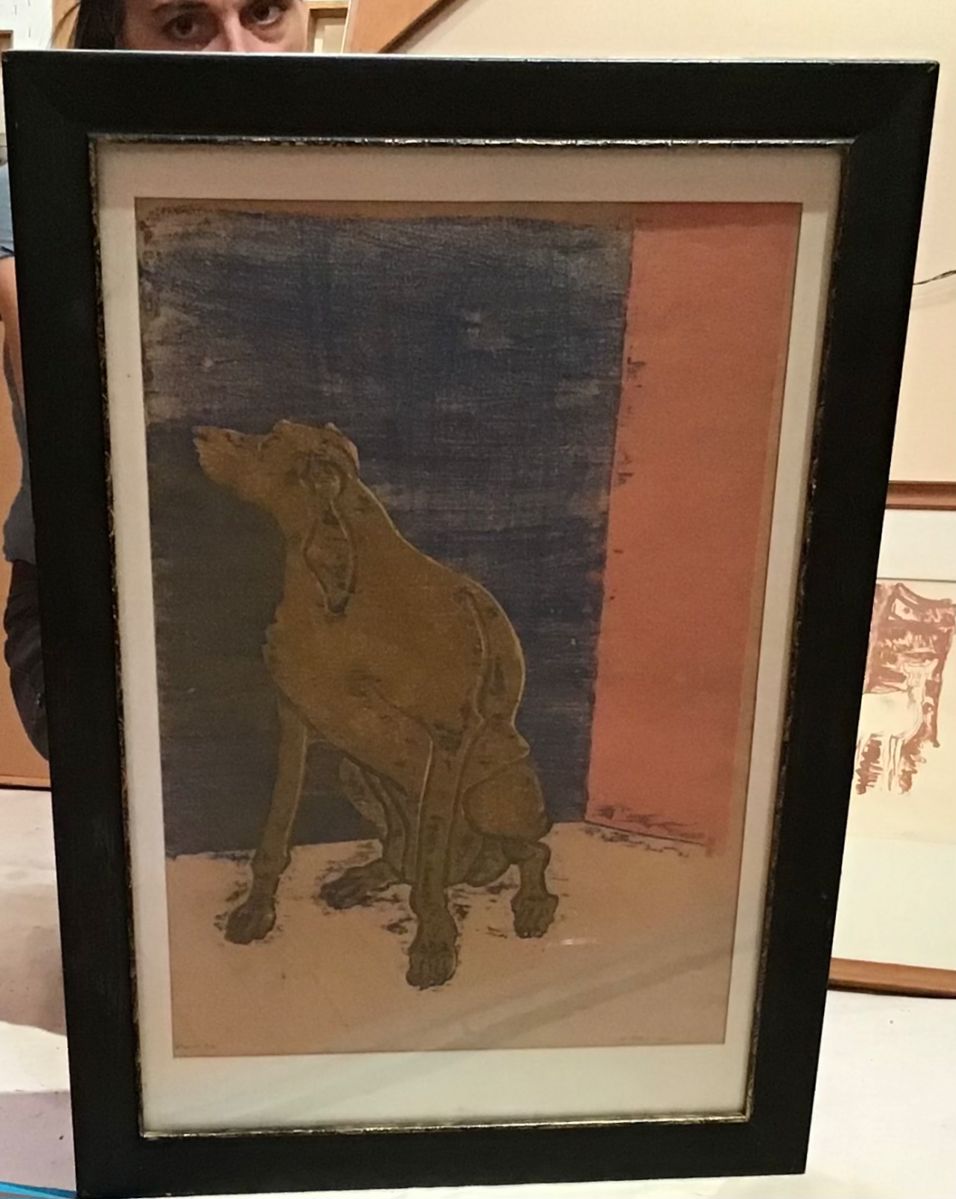 This wood block print has to blocks to create this image of a dog, the exciting component is the original wood blocks were placed into the top of a desk. Get the print and the desk!