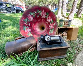 Edison Victrola phonograph with horn and music cylinders
