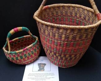 Ghana Baskets One Tall With Pink, Green, Blue, Other Smaller, Pink, And Green 