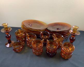 Amber Glass Plates, Tea Cups Candle Holders
