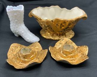 Fenton White Milk Boot, Cameo Footed Bowl Candle Holders