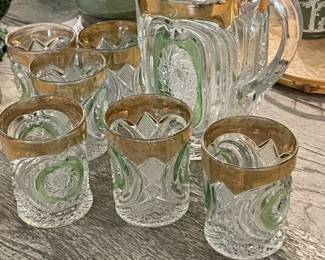 6 Victoria Glass Stained Tumblers w/ Pitchers SET