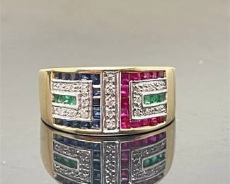 Lot 002  
Contemporary 14K Ruby, Sapphire, Emerald and Diamond Statement Ring
