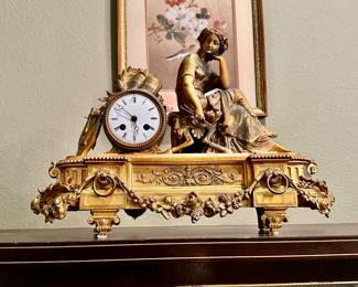 Antique French mantle gilt and spelter mantle clock, circa 1860 by Phillipe H. Mourey 