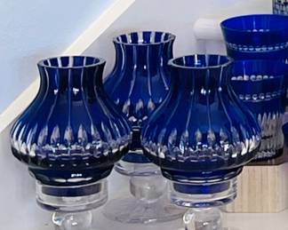 Ajka Hungarian Crystal Hurricane candle lamp 8.25" tall
Cobalt Cut to Clear Crystal 
Pattern: Castille
Count: 6 
$180 Each 