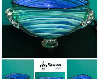 Rosetree Blown Glass Studios art glass
Swirled Blue and Green with fiddlehead details on the corners. 
Large 3 sided bowl 
$580