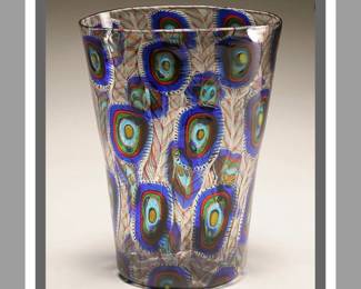 Adriano dalla Valentina (1945-2019)
Pavone (Peacock) Murrine art glass vase 
Murano Art Glass
Signed/Numbered
Approx 11" tall
$2,100