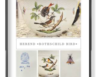 Herend "Rothschild Bird" The bird pattern was created in 1860 for the Rothschild banking family, depicting the famous story of the Baroness losing a necklace in her garden. The jewelry was retrieved by a gardener who saw birds playing with it in a tree.