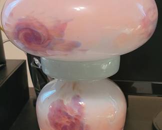 Monart glass table lamp, the dome 'Mushroom' shaped shade supported by a baluster base with mottled pale pink, deeper pink, blue and aventurine swirling inclusions