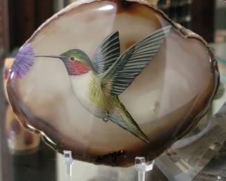 Hand painted hummingbird on agate - signed