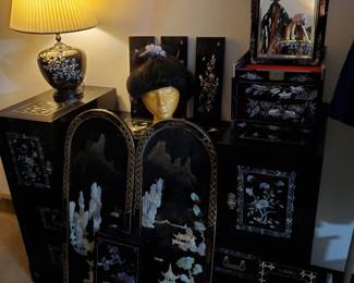 Asian Furniture - Inlaid Mother Of Pearl - Dresser, Wall Hangings, Jewelry box, Chifforobe/Wardrobe, Lamp