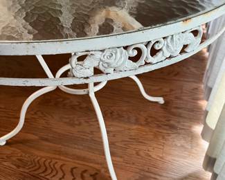 $295.00. Available Now Pre-Sale.   c. 1940s Patio table. 41.25 x 28 3/4” tall
No hallow iron here 5/8” wrought & welded iron with 6 Rose vine 3 dimensional solid cast aluminum deco’s.   