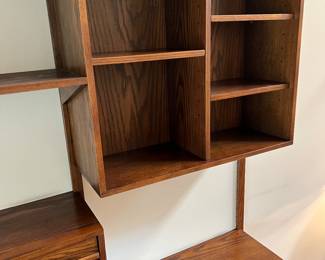 SOLD.  Wall Unit Dimensions.   79.5 x 79” tall. 18.25” deep 3 lowers. Drawers are 12” deep 32” wide cubicle is 32” wide by 12” deep. 3 top shelves all 12” x 32”. 1. Narrow shelf 8.25” deep.
