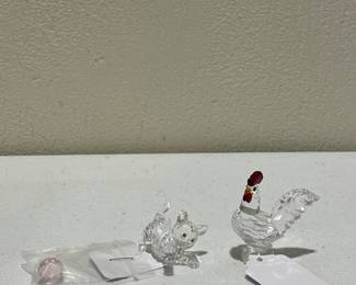 Swarovski Cat w/pink ball and Rooster