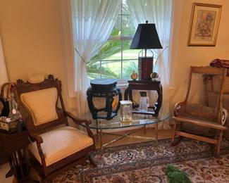 Oval glass top coffee table w/brass base, antique side chairs