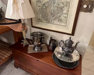 Lane Cedar Chest, silver plate pieces