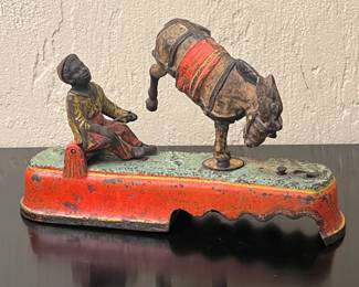 Antique J & E Stevens Co, "Always Did 'Spise A Mule" - Kicking Mule Mechanical Iron Bank - as found.