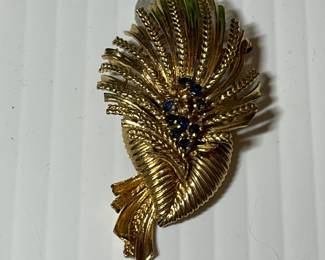 Vintage 14k gold brooch w/sapphires, signed Ala