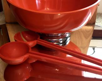 Vintage orange melamine  Salad Bowl  on Chrome Pedestal & Serving Utensils  12" Diameter  $55