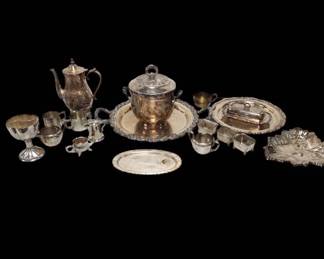 Vintage Silver Plate Tea Set Platters Ice Bucket With Glass Insert Etc