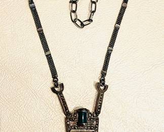 Vintage Art Deco Sterling Silver necklace with green stone accent