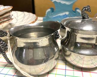 Silver plate Cream & Sugar with Seahorse handles