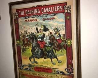 authentic sheet music b ET Paul "the dashing cavaliers March Galop" beautiful Lithograph Cover. Framed
