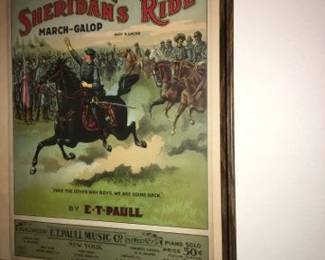 authentic sheet music "Sheridan's ride March-Galop" by ET Paul 1922 beautiful lithograph cover. Framed