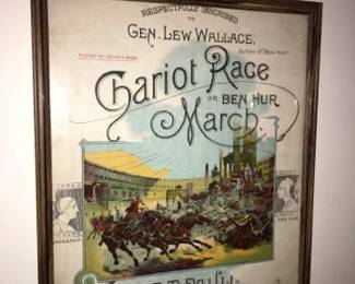 authentic sheet music "Chariot Race or Ben Hur March" by ET Paul 1894 Beautiful Lithograph. Framed and ready to hang