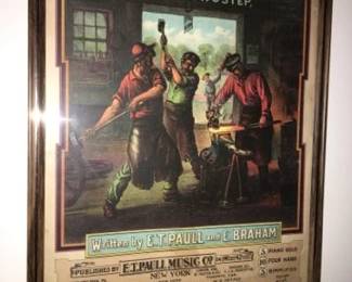 authentic sheet music "The Jolly Blacksmiths March Twostep" by ET PAUL Beautiful Lithograph. Framed and ready to hang 
