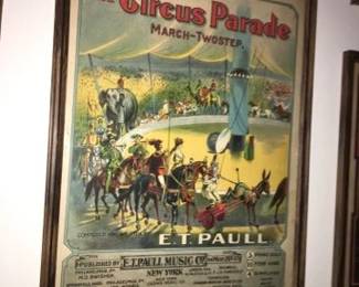authentic sheet music Lithograph Cover "The Circus Parade March twostep by ET Paul 1904. Already framed and ready to hang