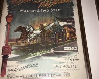 authentic sheet music "The Midnight Fire Alarm" by ET Paul 1918 Beautiful Lithograph. Framed and ready to hang